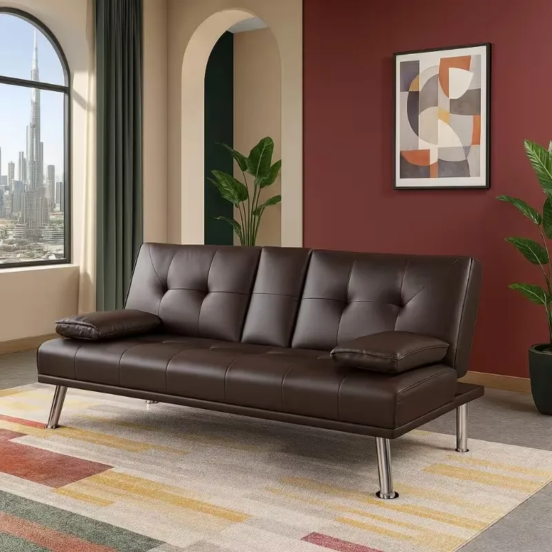 Corner Leather Sofa Bed Futon with Cup Holders